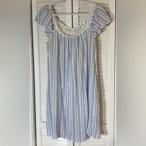 eesome Blue/White Striped Dress, Sz L, Off-the-shoulder Style w/Ruffles, Eyelet